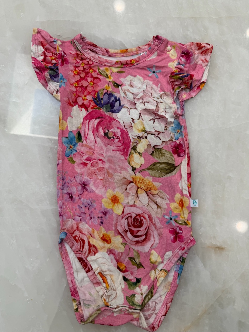 Posh Peanut Pink Floral Ruffle-Sleeve One-Piece Bodysuit